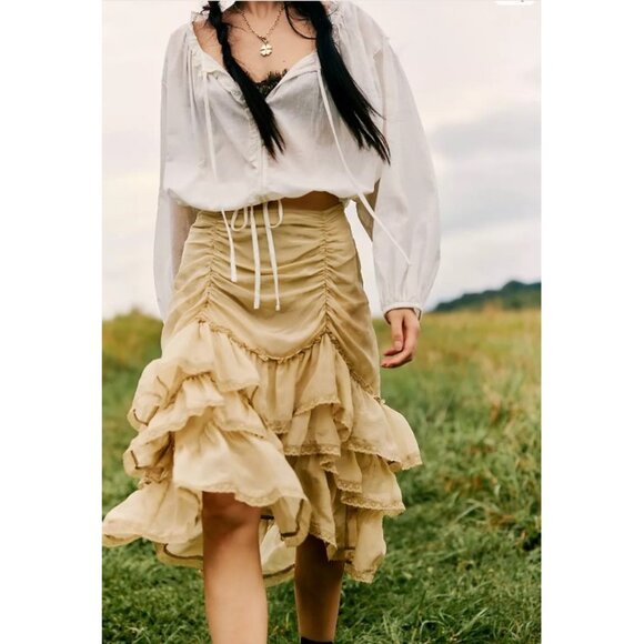 NWT $148 Free People Calliope Ruffle Midi Skirt M Hi Lo Lt Green Sage Boho - Picture 2 of 16